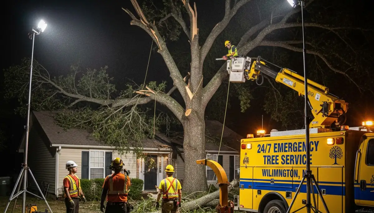 24/7 emergency tree removal crew responding to storm damage in Wilmington, NC