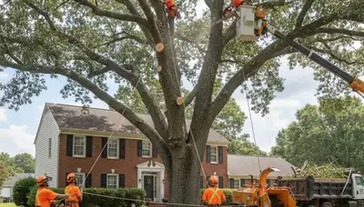 Professional arborists performing safe tree removal with bucket truck in Wilmington, NC