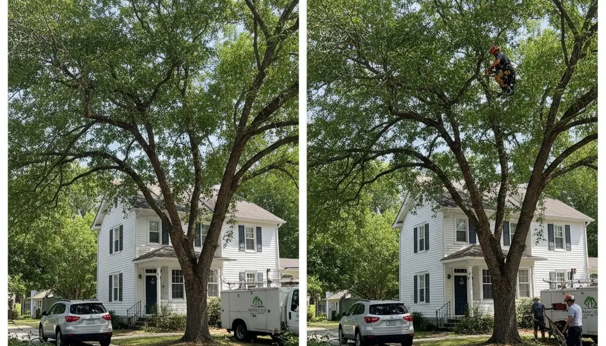 Arborist lifting tree canopy for driveway clearance in Wilmington, NC tree trimming service