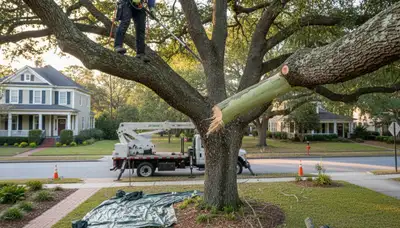 Arborists performing deadwood removal in Wilmington, NC to prevent tree hazards for local homes