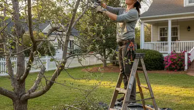 Arborist pruning fruit tree in Wilmington NC backyard orchard for healthy growth and optimal fruit yield