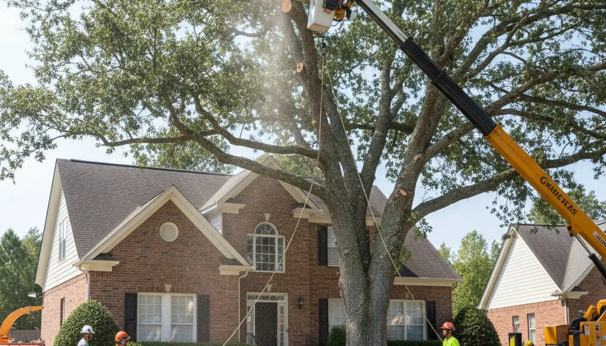 Arborists performing large tree removal in Castle Hayne, NC using bucket truck and rigging equipment