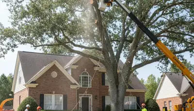 Arborists performing large tree removal in Castle Hayne, NC using bucket truck and rigging equipment