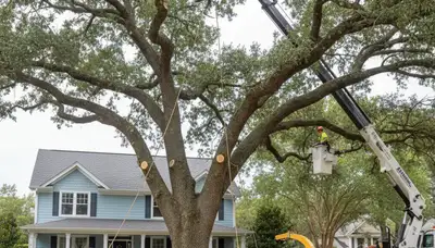 Professional large tree removal with bucket truck by arborists in Leland near Wilmington, NC homes