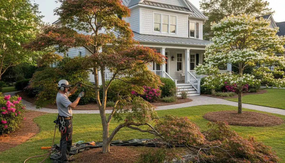Arborist hand pruning ornamental Japanese maple in Wilmington NC residential yard for curb appeal
