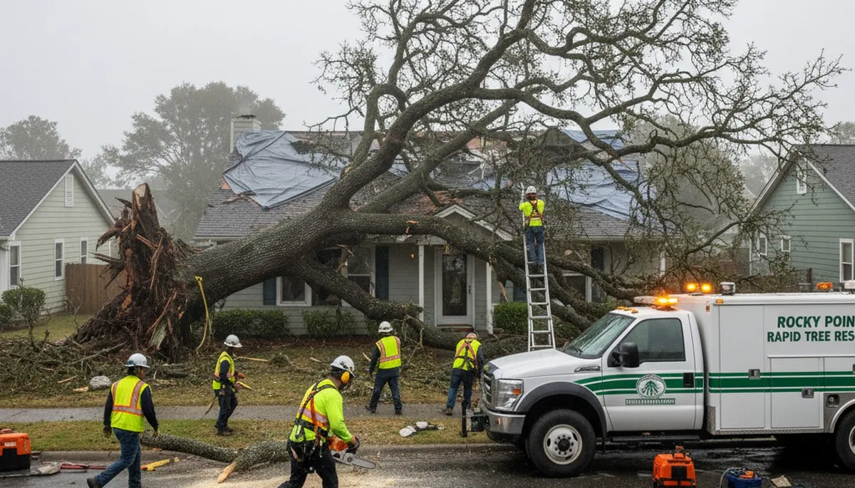 Emergency tree removal after storm damage in Rocky Point near Wilmington, NC restoring property safety