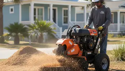 Professional stump grinding removing tree stumps at a Kure Beach, NC property by Wilmington tree experts