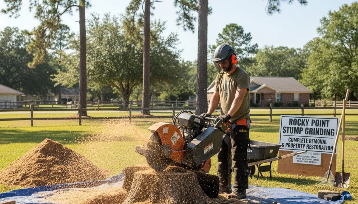 Stump grinding service removing tree stumps in Rocky Point, NC by Wilmington tree removal experts