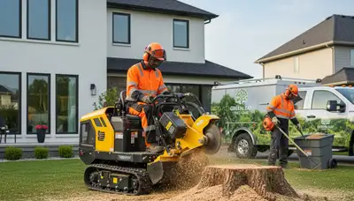 Arborist grinding tree stump in sandy yard after storm damage in Wilmington, NC
