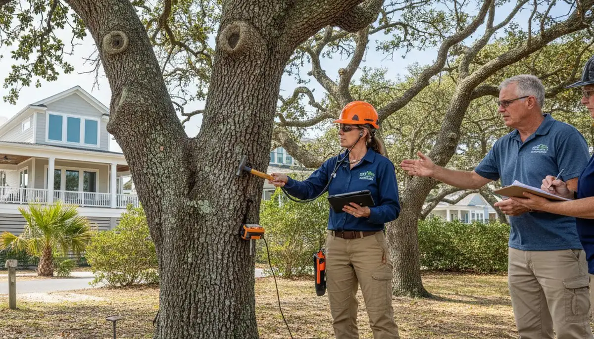 Certified arborist performing tree health assessment for Kure Beach homeowners near Wilmington, NC