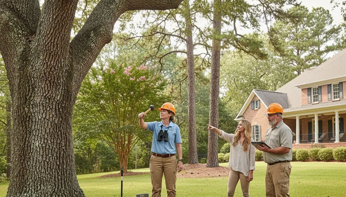 Certified arborist performing tree health assessment in Leland, near Wilmington NC tree removal service