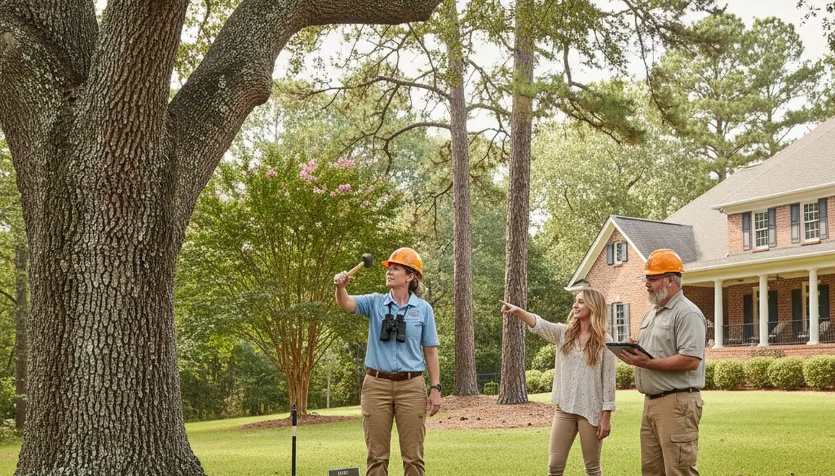Certified arborist performing tree health assessment in Leland, near Wilmington NC tree removal service