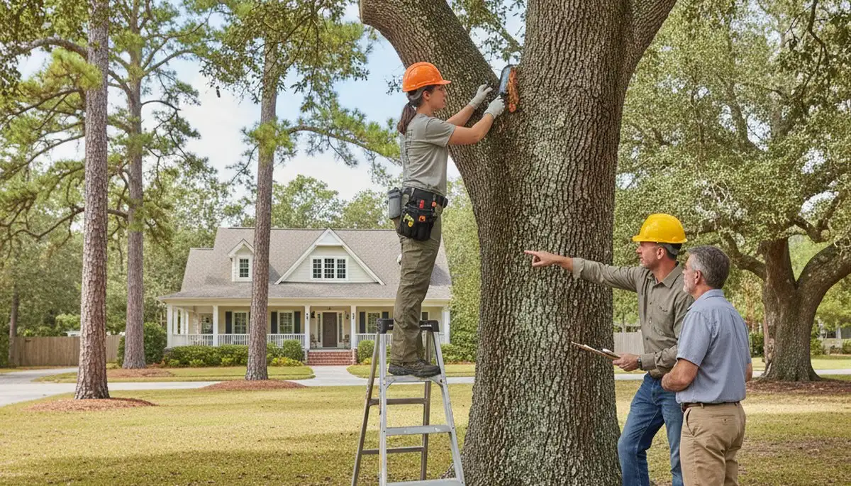 Certified arborist performing tree health assessment in Rocky Point near Wilmington NC tree service area
