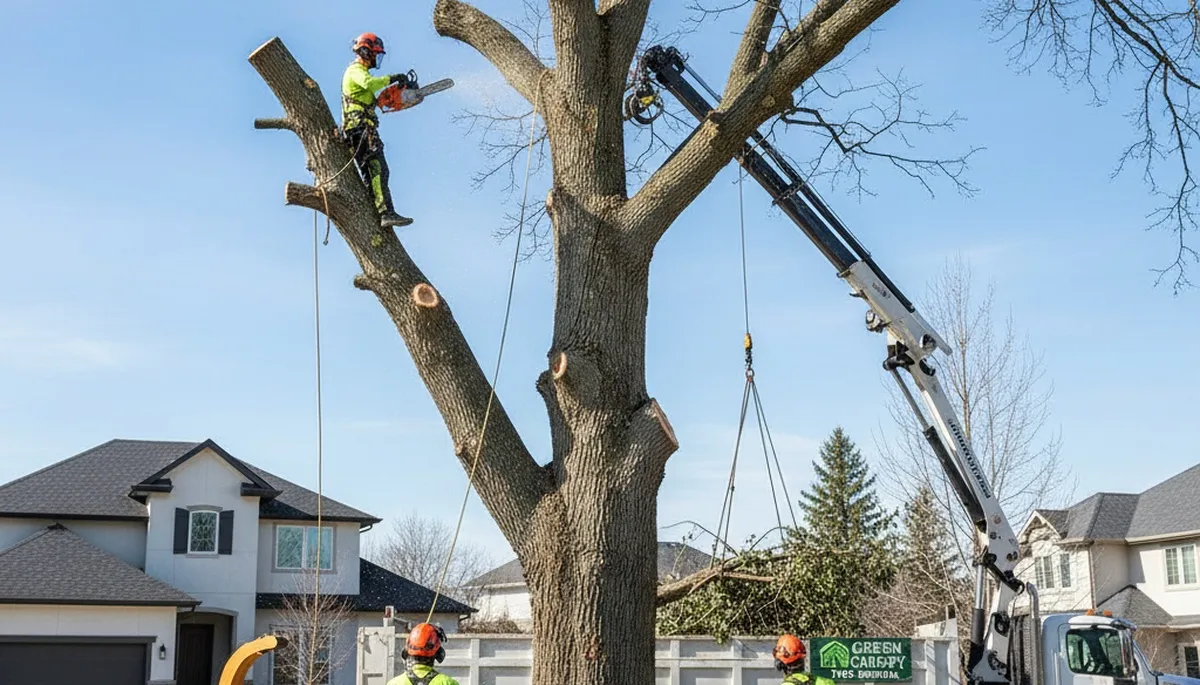 Professional tree removal crew cutting down a damaged oak tree in Wilmington, NC
