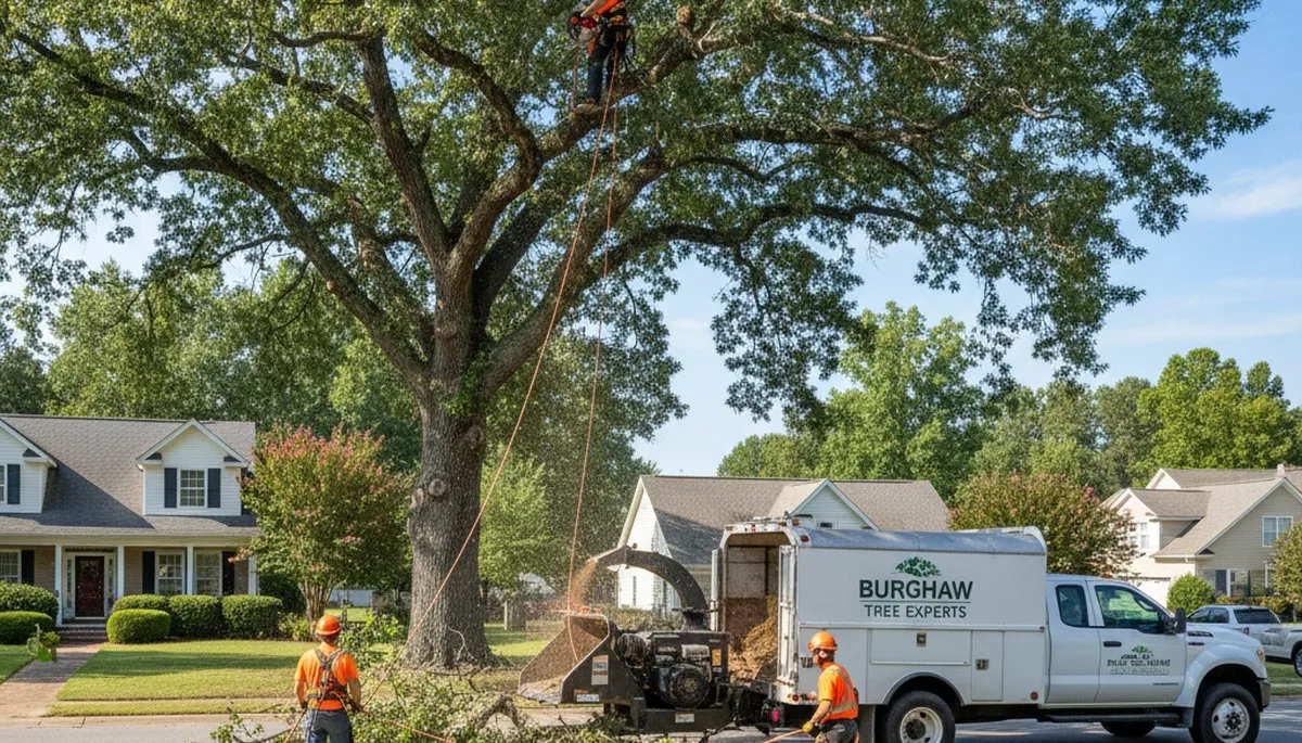 Professional tree removal service team in Wilmington NC safely cutting large oak tree