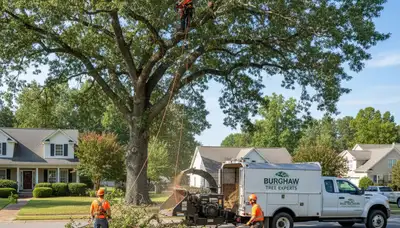 Professional tree removal service team in Wilmington NC safely cutting large oak tree