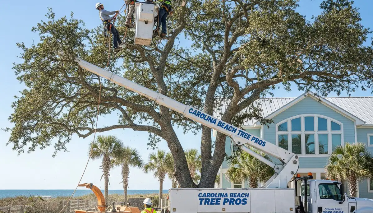 Professional tree removal service in Wilmington NC safely clearing large oak near home