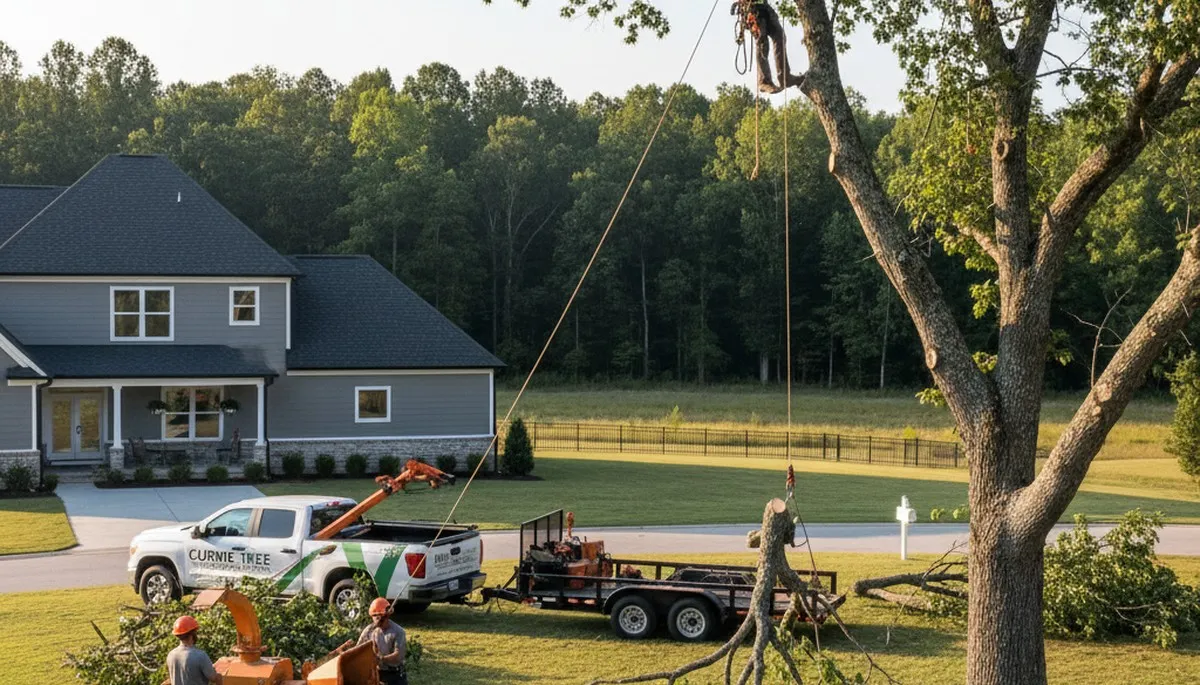 Professional tree removal service crew in Wilmington NC safely cutting large oak tree