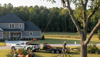 Professional tree removal service crew in Wilmington NC safely cutting large oak tree