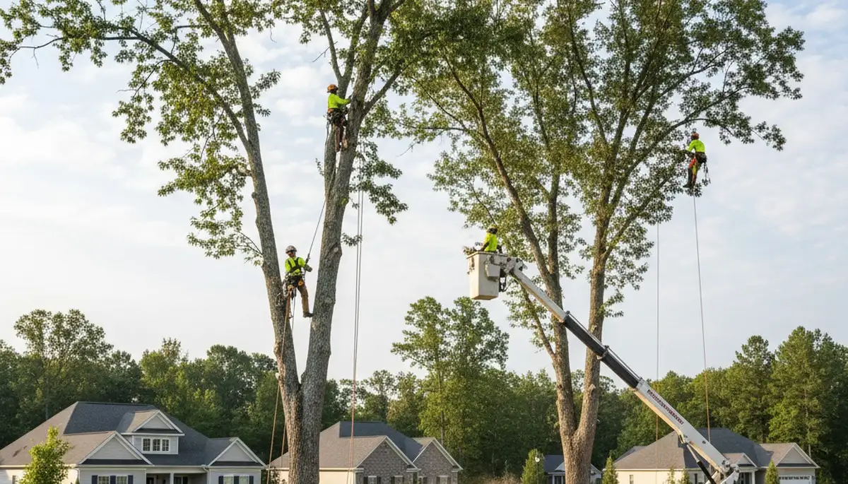 Professional tree removal service team working in Wilmington, NC yard