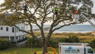 Professional tree removal service crew in Wilmington, NC safely cutting large oak tree branches