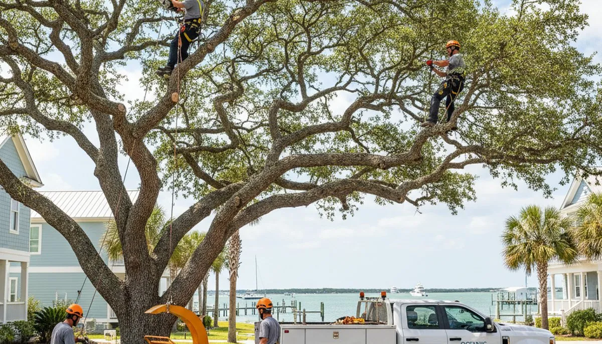 Professional tree removal service team working safely in Wilmington, NC yard