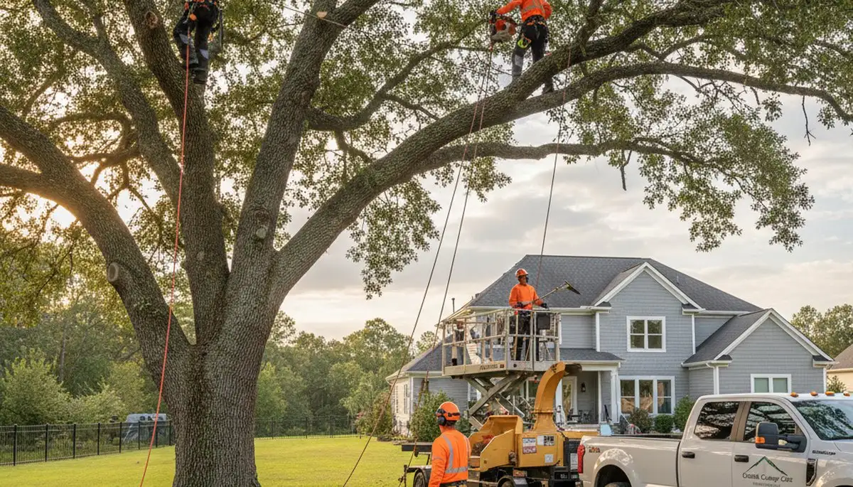 Professional tree removal service in Wilmington, NC safely cutting and clearing large oak tree