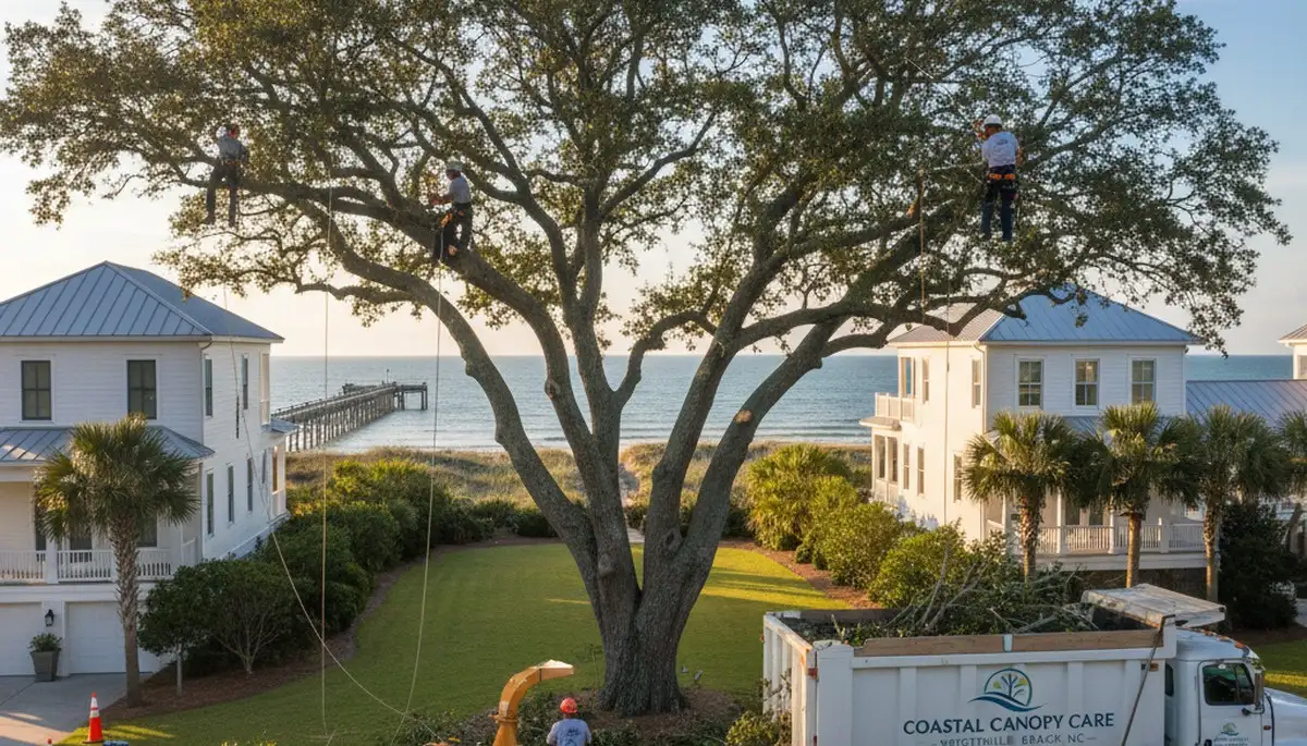 Professional tree removal service in Wilmington, NC safely cutting and clearing large oak trees